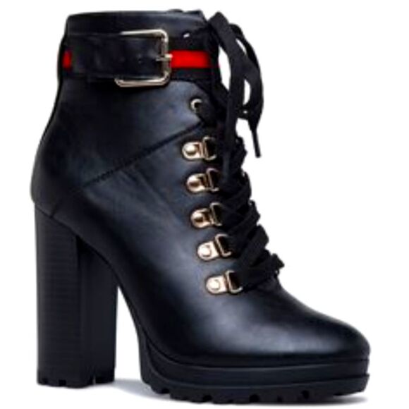 Ribonea Lace-Up Platform Ankle Boot size 10 Black Red belted. - Picture 2 of 12